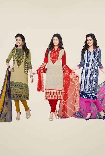 Salwar Studio Beige, Red & Blue Dress Material (Pack Of 3) Salwar Studio Beige, Red & Blue Dress Material (Pack Of 3)