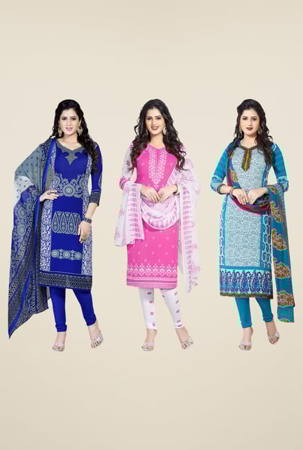 Salwar Studio Blue, Pink & Teal Dress Material (Pack Of 3) Salwar Studio Blue, Pink & Teal Dress Material (Pack Of 3)