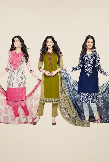 Salwar Studio Pink, Green & Navy Dress Material (Pack Of 3) Salwar Studio Pink, Green & Navy Dress Material (Pack Of 3)