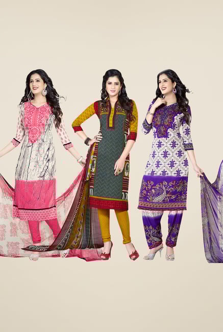 Salwar Studio Pink, Grey & Purple Dress Material (Pack Of 3) Salwar Studio Pink, Grey & Purple Dress Material (Pack Of 3)