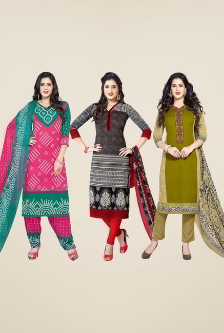 Salwar Studio Pink, Black & Green Dress Material (Pack Of 3) Salwar Studio Pink, Black & Green Dress Material (Pack Of 3)