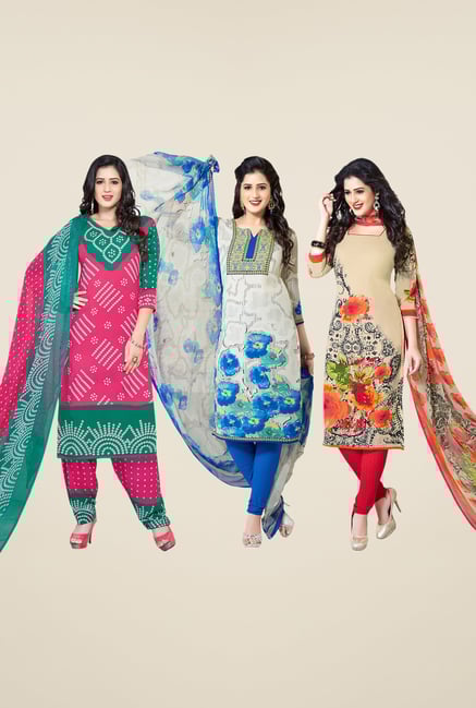 Salwar Studio Pink, White & Beige Dress Material (Pack Of 3) Salwar Studio Pink, White & Beige Dress Material (Pack Of 3)