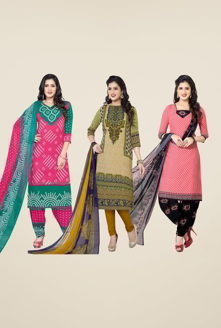 Salwar Studio Pink, Beige & Peach Dress Material (Pack Of 3) Salwar Studio Pink, Beige & Peach Dress Material (Pack Of 3)