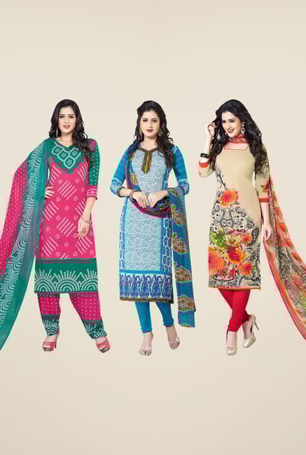 Salwar Studio Pink, Blue & Beige Dress Material (Pack Of 3) Salwar Studio Pink, Blue & Beige Dress Material (Pack Of 3)