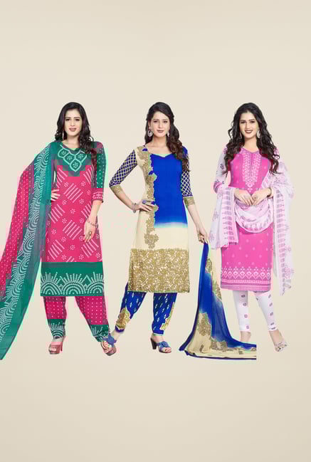 Salwar Studio Pink & Blue Dress Material (Pack Of 3) Salwar Studio Pink & Blue Dress Material (Pack Of 3)