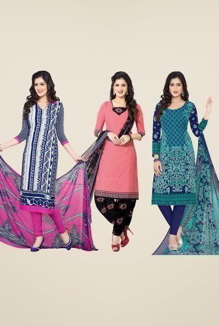 Salwar Studio Blue, Peach & Navy Dress Material (Pack Of 3) Salwar Studio Blue, Peach & Navy Dress Material (Pack Of 3)