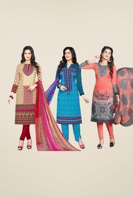 Salwar Studio Beige, Blue & Peach Dress Material (Pack Of 3) Salwar Studio Beige, Blue & Peach Dress Material (Pack Of 3)