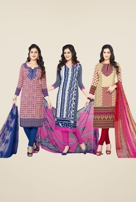 Salwar Studio Pink, Blue & Beige Dress Material (Pack Of 3) Salwar Studio Pink, Blue & Beige Dress Material (Pack Of 3)