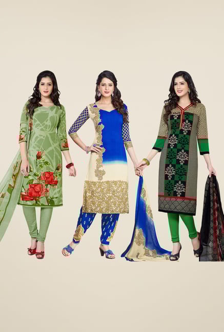 Salwar Studio Green, Blue & Grey Dress Material (Pack Of 3) Salwar Studio Green, Blue & Grey Dress Material (Pack Of 3)