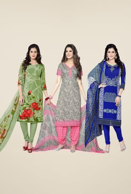 Salwar Studio Green, Grey & Blue Dress Material (Pack Of 3) Salwar Studio Green, Grey & Blue Dress Material (Pack Of 3)