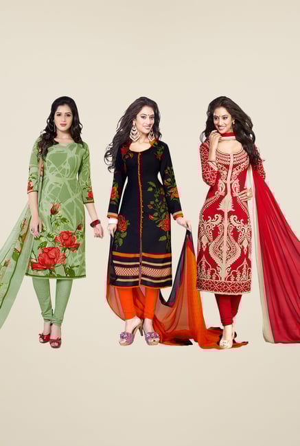 Salwar Studio Green, Black & Red Dress Material (Pack Of 3) Salwar Studio Green, Black & Red Dress Material (Pack Of 3)