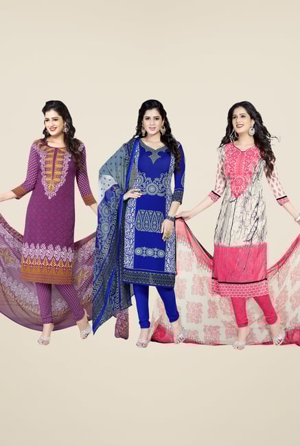 Salwar Studio Purple, Blue & Pink Dress Material (Pack Of 3) Salwar Studio Purple, Blue & Pink Dress Material (Pack Of 3)