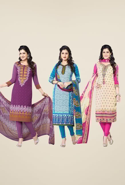Salwar Studio Purple, Blue, Beige Dress Material (Pack Of 3) Salwar Studio Purple, Blue, Beige Dress Material (Pack Of 3)