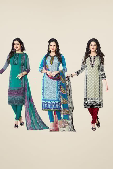 Salwar Studio Teal, Blue & Grey Dress Material (Pack Of 3) Salwar Studio Teal, Blue & Grey Dress Material (Pack Of 3)