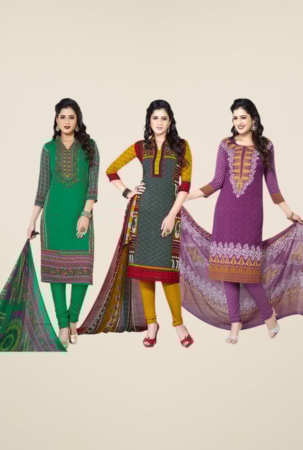 Salwar Studio Green, Grey, Purple Dress Material (Pack Of 3) Salwar Studio Green, Grey, Purple Dress Material (Pack Of 3)
