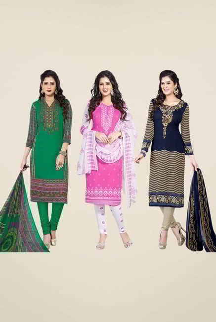 Salwar Studio Green, Pink & Navy Dress Material (Pack Of 3) Salwar Studio Green, Pink & Navy Dress Material (Pack Of 3)