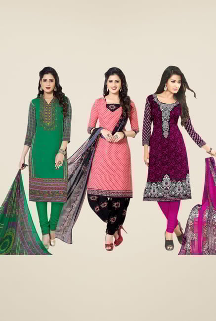 Salwar Studio Green, Peach, Purple Dress Material(Pack Of 3) Salwar Studio Green, Peach, Purple Dress Material(Pack Of 3)