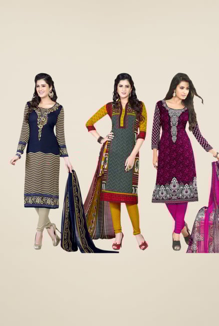 Salwar Studio Navy, Grey & Purple Dress Material (Pack Of 3) Salwar Studio Navy, Grey & Purple Dress Material (Pack Of 3)