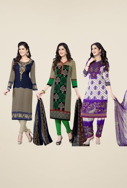 Salwar Studio Navy, Grey & Purple Dress Material (Pack Of 3) Salwar Studio Navy, Grey & Purple Dress Material (Pack Of 3)