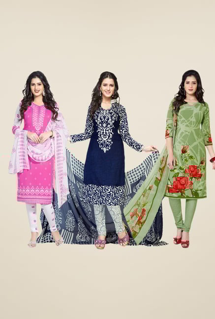 Salwar Studio Pink, Navy & Green Dress Material (Pack Of 3) Salwar Studio Pink, Navy & Green Dress Material (Pack Of 3)