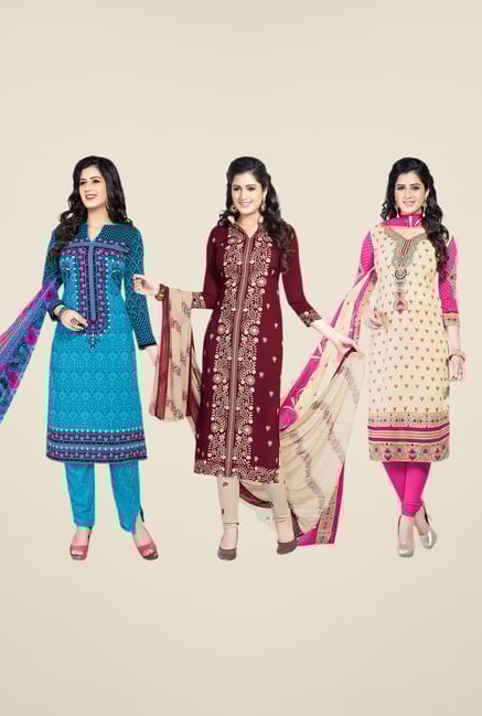 Salwar Studio Blue, Maroon, Beige Dress Material (Pack Of 3) Salwar Studio Blue, Maroon, Beige Dress Material (Pack Of 3)