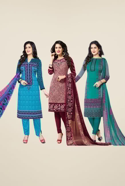 Salwar Studio Blue, Maroon & Teal Dress Material (Pack Of 3) Salwar Studio Blue, Maroon & Teal Dress Material (Pack Of 3)