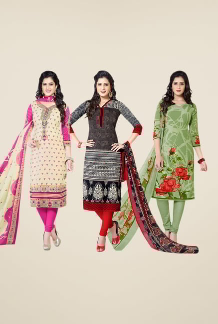 Salwar Studio Beige, Black, Green Dress Material (Pack Of 3) Salwar Studio Beige, Black, Green Dress Material (Pack Of 3)