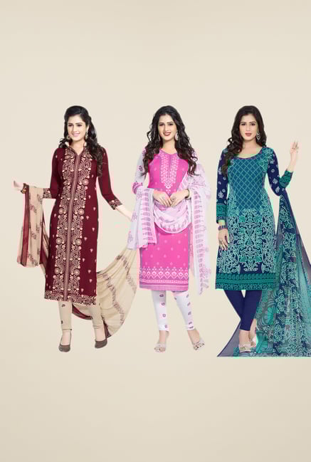 Salwar Studio Maroon, Pink & Navy Dress Material (Pack Of 3) Salwar Studio Maroon, Pink & Navy Dress Material (Pack Of 3)
