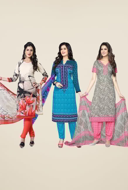Salwar Studio Beige, Blue & Grey Dress Material (Pack Of 3) Salwar Studio Beige, Blue & Grey Dress Material (Pack Of 3)