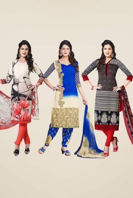 Salwar Studio Beige, Blue & Black Dress Material (Pack Of 3) Salwar Studio Beige, Blue & Black Dress Material (Pack Of 3)