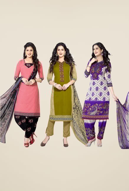 Salwar Studio Peach, Green, Purple Dress Material(Pack Of 3) Salwar Studio Peach, Green, Purple Dress Material(Pack Of 3)