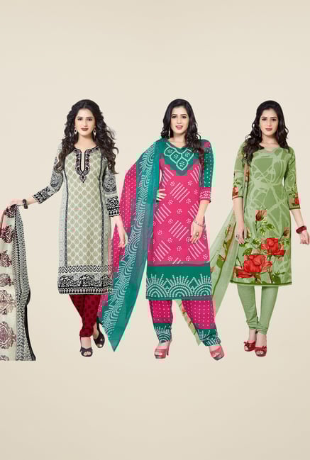 Salwar Studio Grey, Pink & Green Dress Material (Pack Of 3) Salwar Studio Grey, Pink & Green Dress Material (Pack Of 3)