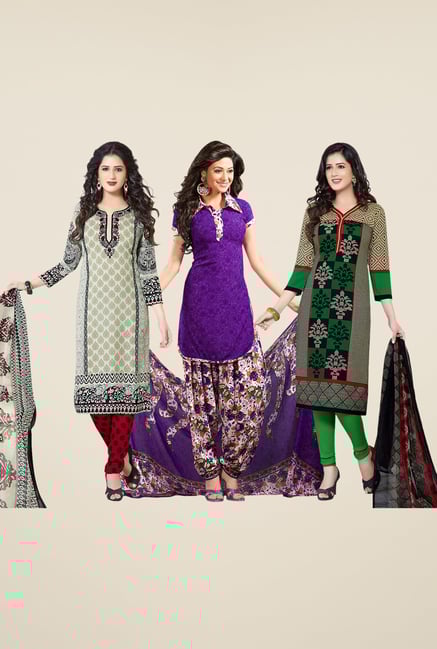 Salwar Studio Grey, Purple, Green Dress Material (Pack Of 3) Salwar Studio Grey, Purple, Green Dress Material (Pack Of 3)