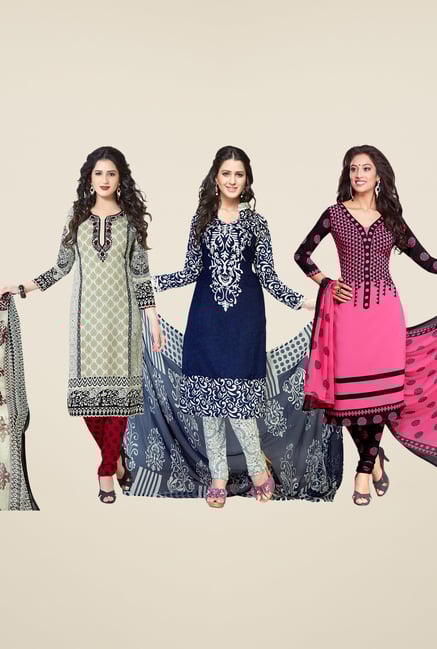 Salwar Studio Grey, Navy & Pink Dress Material (Pack Of 3) Salwar Studio Grey, Navy & Pink Dress Material (Pack Of 3)