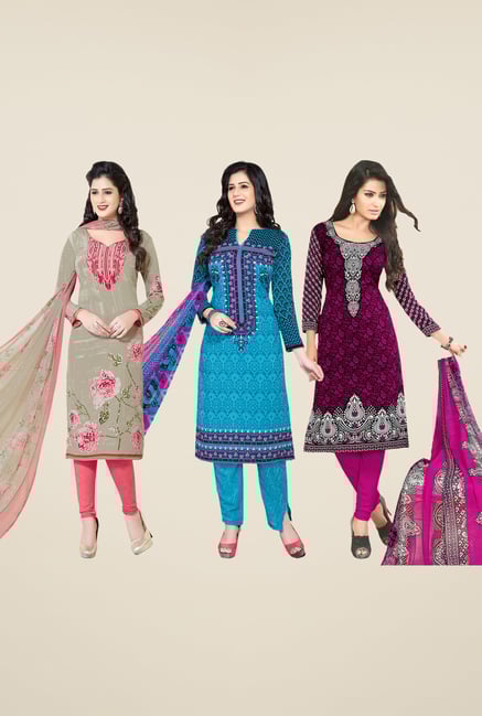 Salwar Studio Olive, Blue, Purple Dress Material (Pack Of 3) Salwar Studio Olive, Blue, Purple Dress Material (Pack Of 3)