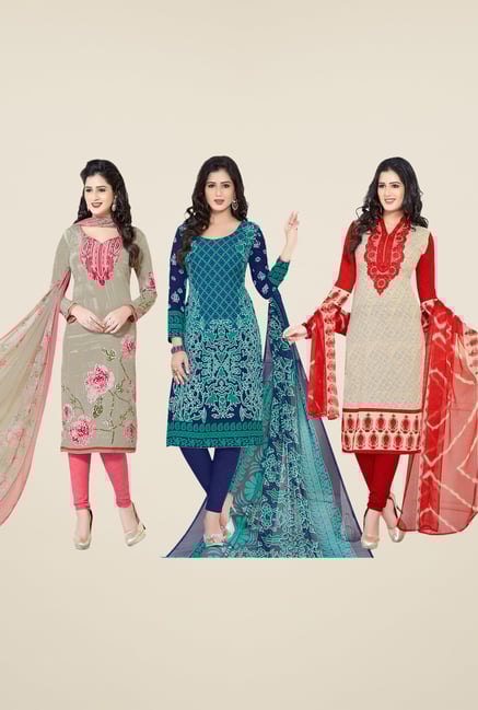 Salwar Studio Olive, Navy & Beige Dress Material (Pack Of 3) Salwar Studio Olive, Navy & Beige Dress Material (Pack Of 3)
