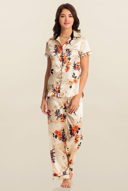PrettySecrets Beige Blossom Midnight Top & Pyjama Set PrettySecrets Beige Blossom Midnight Top & Pyjama Set