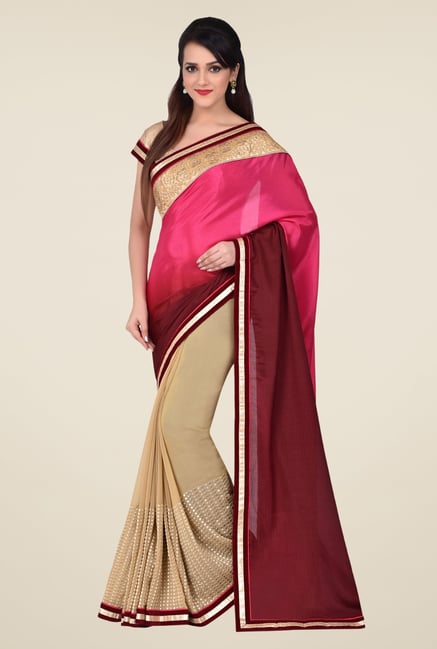 Shonaya Beige & Maroon Georgette & Satin Silk Saree Shonaya Beige & Maroon Georgette & Satin Silk Saree
