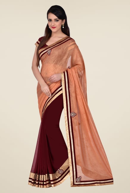 Shonaya Maroon & Coral Georgette & Lycra Saree Shonaya Maroon & Coral Georgette & Lycra Saree