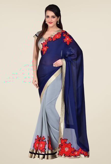 Shonaya Grey & Blue Georgette & Chiffon Crepe Saree Shonaya Grey & Blue Georgette & Chiffon Crepe Saree