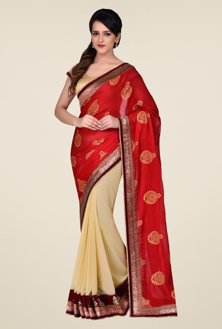 Shonaya Beige & Red Georgette & Satin Crepe Saree Shonaya Beige & Red Georgette & Satin Crepe Saree