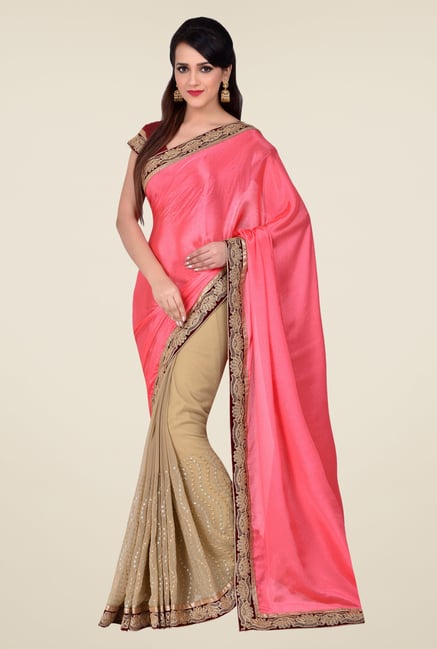 Shonaya Beige & Pink Georgette & Satin Silk Saree Shonaya Beige & Pink Georgette & Satin Silk Saree