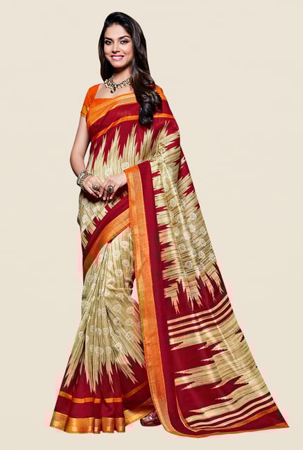 Shonaya Beige & Red Kanjivaram Art Silk Printed Saree Shonaya Beige & Red Kanjivaram Art Silk Printed Saree