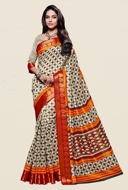 Shonaya Beige & Red Kanjivaram Art Silk Saree Shonaya Beige & Red Kanjivaram Art Silk Saree