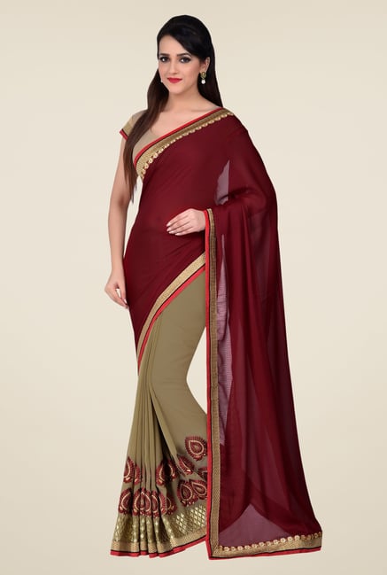 Shonaya Beige & Maroon Georgette & Marble Checked Saree Shonaya Beige & Maroon Georgette & Marble Checked Saree