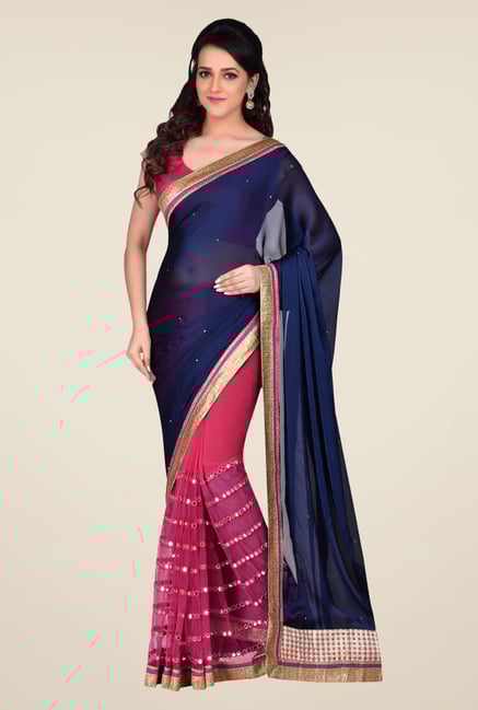 Shonaya Pink & Blue Net, Georgette & Crepe Saree Shonaya Pink & Blue Net, Georgette & Crepe Saree