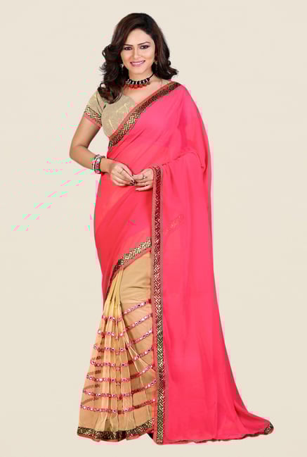 Shonaya Beige & Coral Georgette & Net Saree Shonaya Beige & Coral Georgette & Net Saree