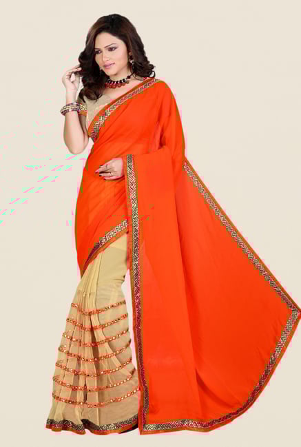 Shonaya Orange & Beige Georgette & Net Saree Shonaya Orange & Beige Georgette & Net Saree