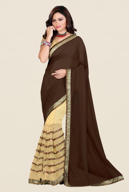Shonaya Brown & Beige Georgette & Net Saree Shonaya Brown & Beige Georgette & Net Saree