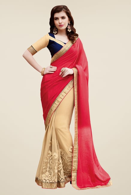 Shonaya Beige & Red Satin Chiffon & Net Saree Shonaya Beige & Red Satin Chiffon & Net Saree